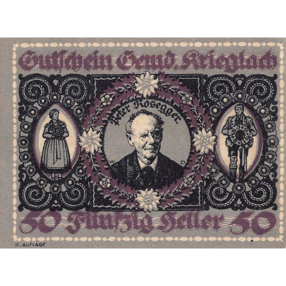 1920 Austria Krieglach Notgeld 50 Heller Banknote Peter Rosegger Currency